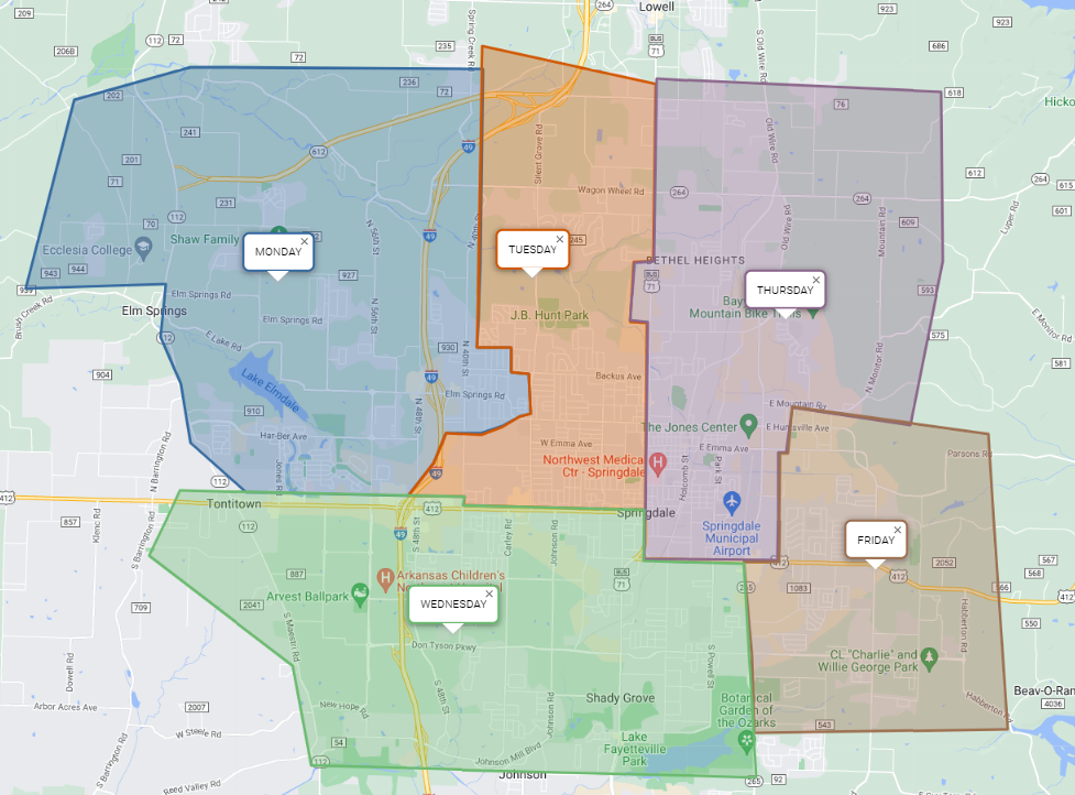 This is a color-coded map of Springdale Arkansas showing geofenced areas of the city with a day of the week corresponding to each fenced area.